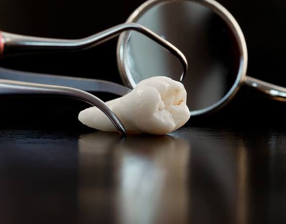 Close-up of extracted tooth and dental instruments