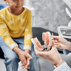 a dentist holding teeth and talking to a patient